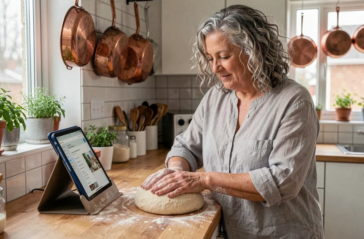 Femme retraitée suivant un cours de cuisine sur tablette dans sa cuisine, les mains dans la farine
