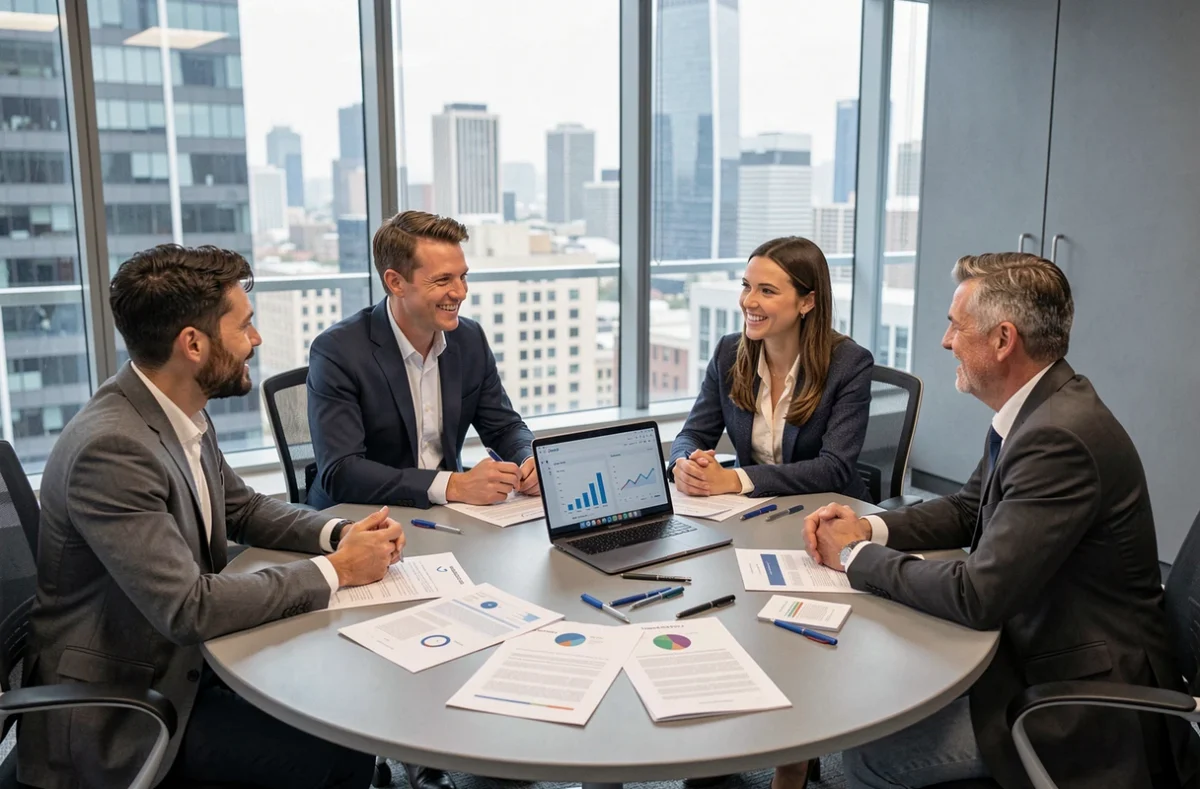 Équipe de professionnels réunis en réunion pour analyser les leviers de communication d'une entreprise