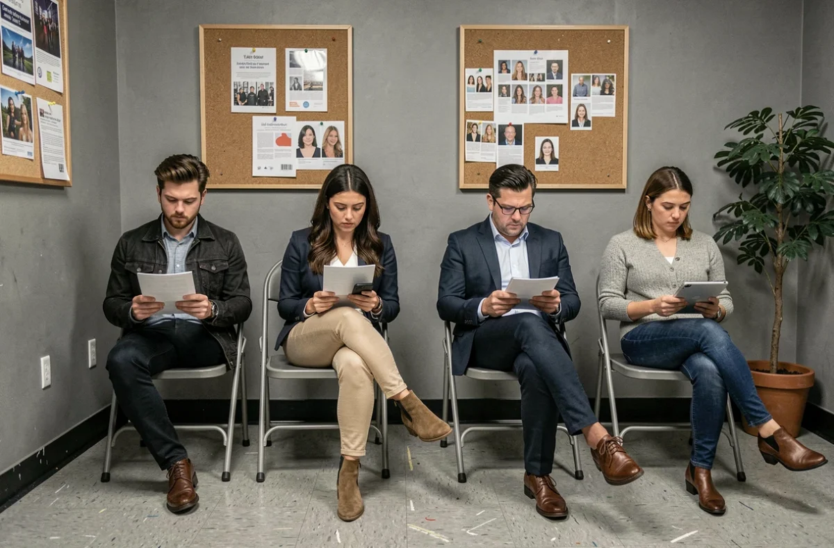 Groupe de candidats qui attendent leur tour dans la salle d'attente d'une agence de casting pour publicités TV