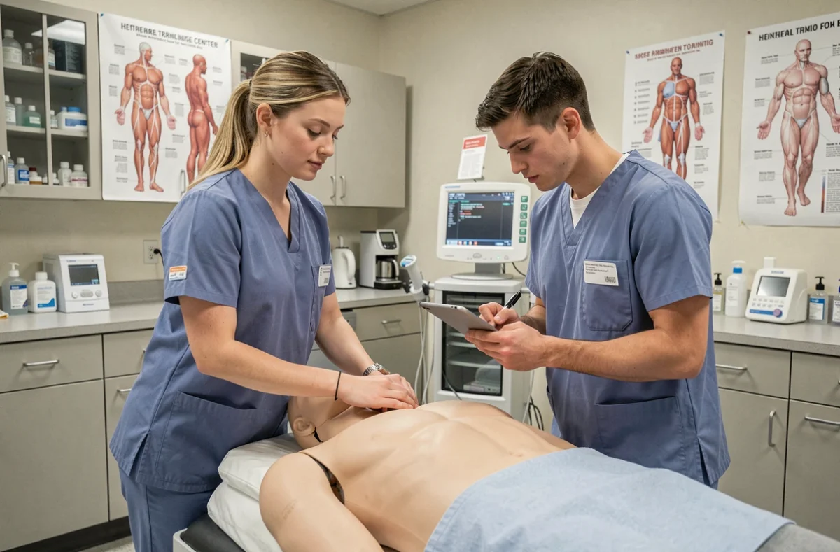 Deux étudiants paramédicaux pratiquant des soins sur un mannequin dans un laboratoire de simulation clinique