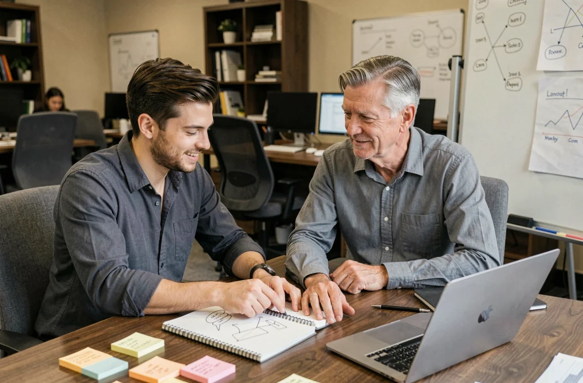 Deux collègues masculins collaborant sur un projet en espace de coworking, démontrant les soft skills de travail d'équipe, d'adaptabilité et de résolution de problèmes