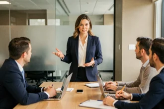 Femme professionnelle présentant ses idées lors d'une réunion d'équipe, illustrant les soft skills de communication et de leadership en milieu de travail