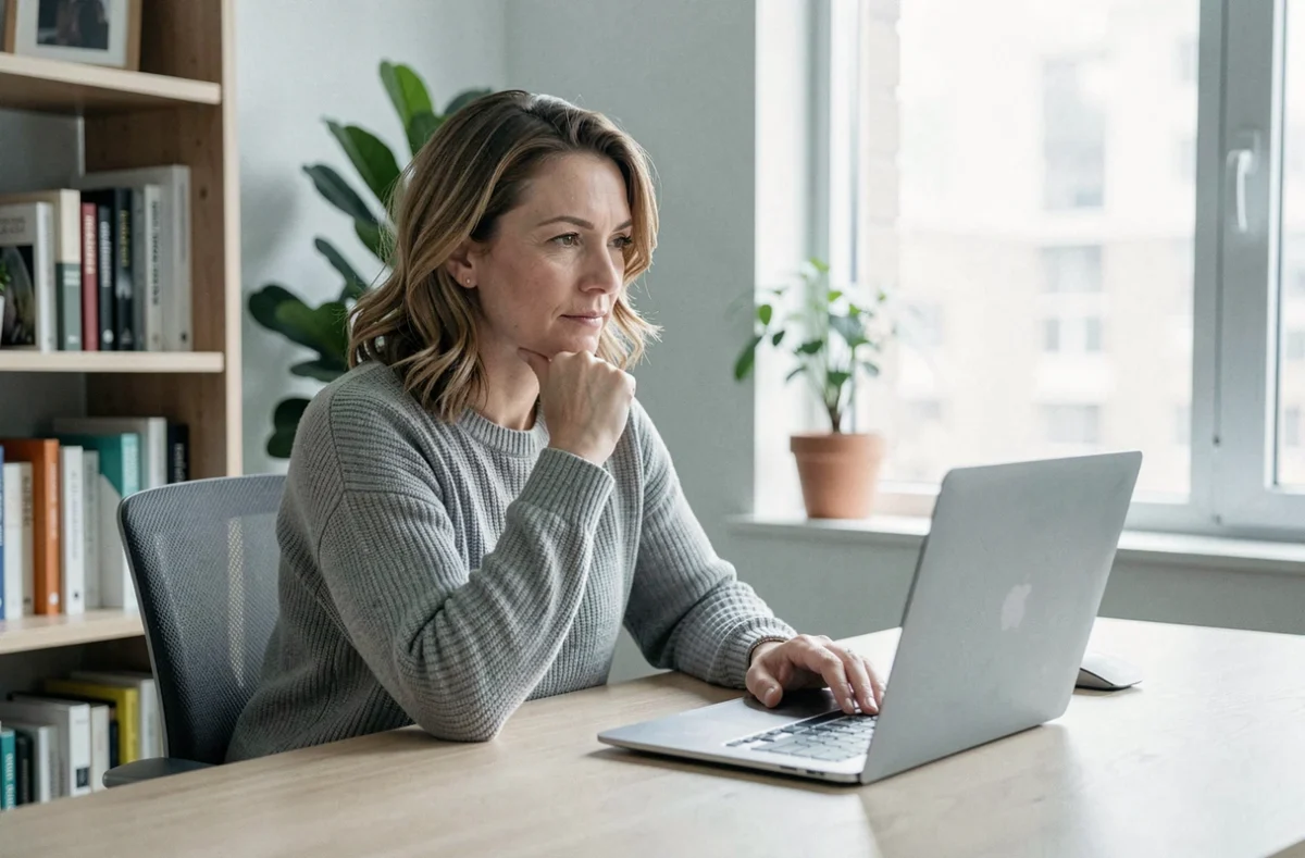 Femme concentrée dans un bureau à domicile adoptant une posture réflexive, symbolisant l'intelligence émotionnelle et l'auto-gestion comme soft skills essentielles au travail