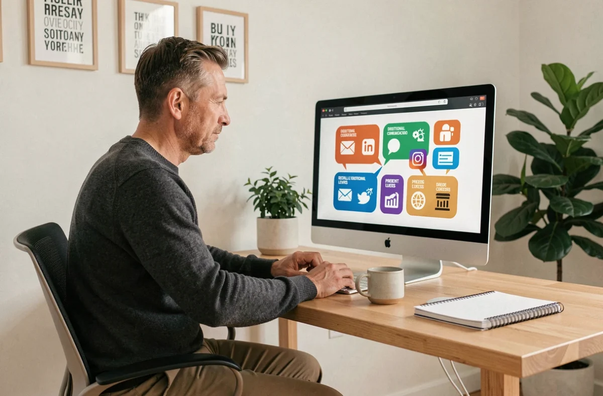 Homme en télétravail analysant une infographie sur les différents leviers de communication digitaux et traditionnels