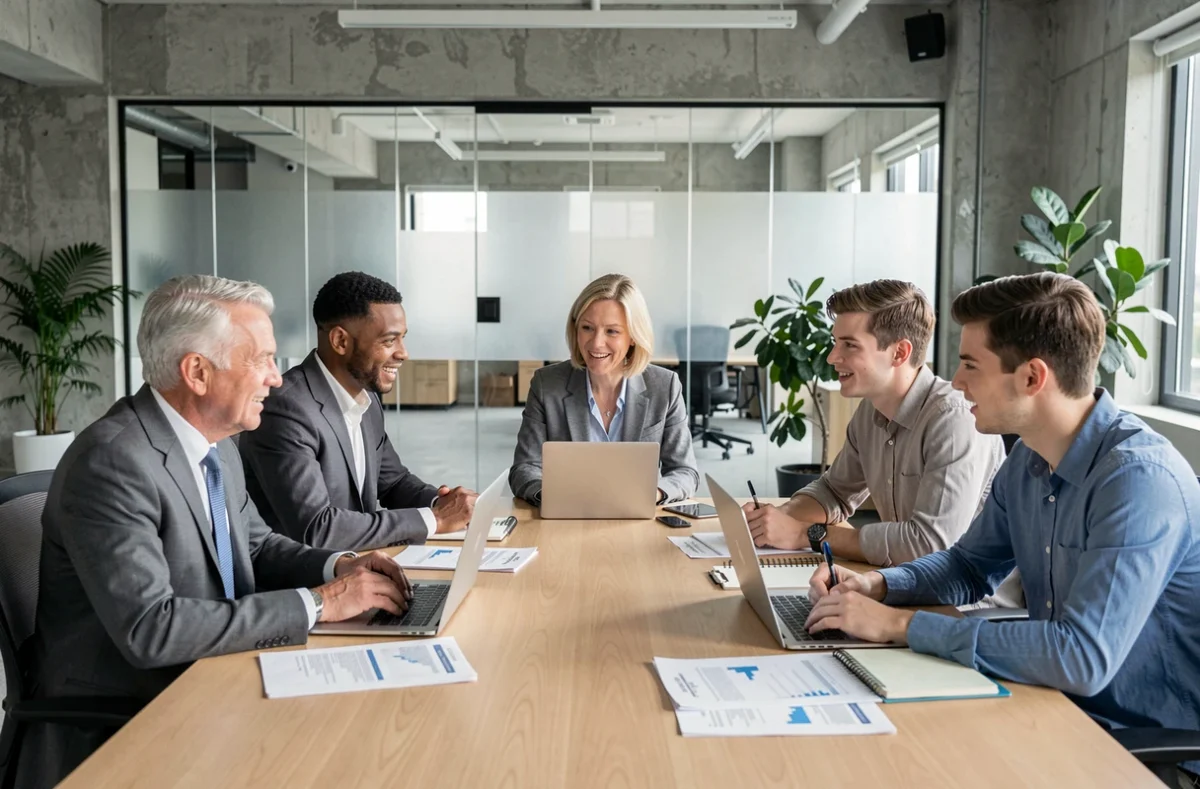 Trois générations de professionnels collaborant en réunion dans un bureau moderne, illustrant la coexistence de générations au travail