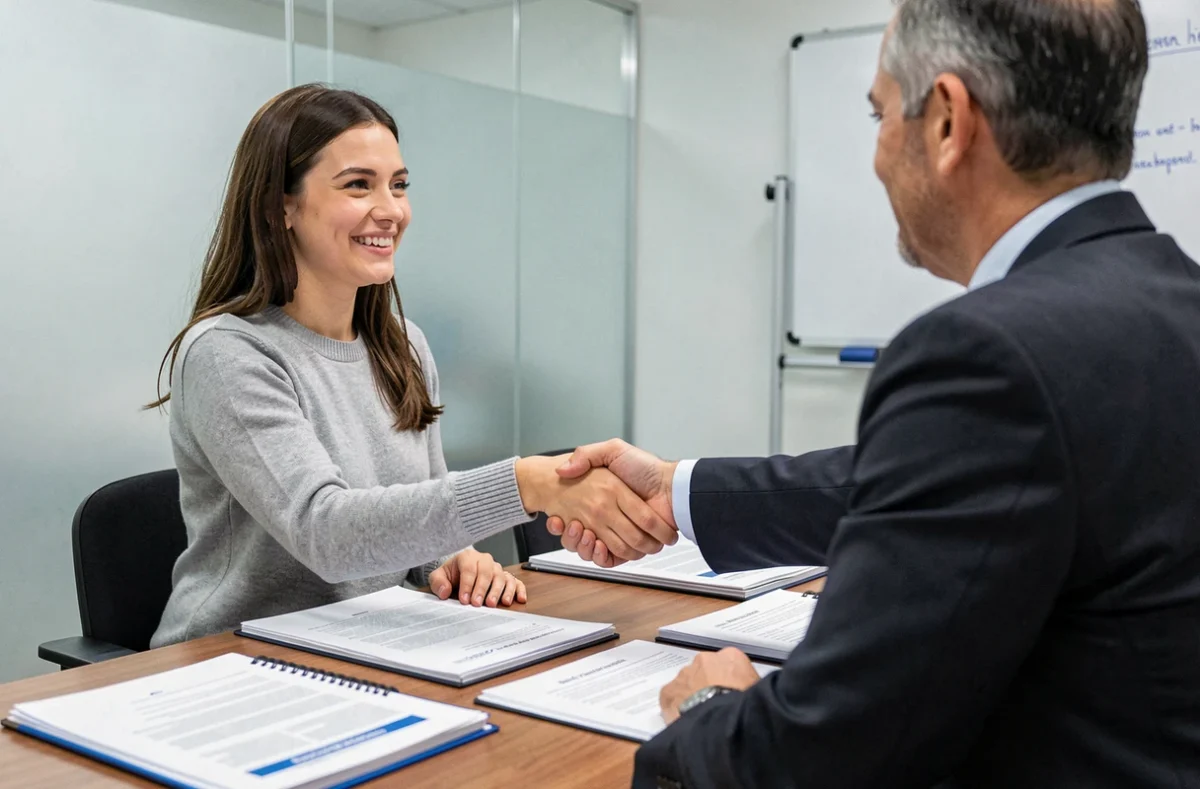 Jeune femme serrant la main d'un évaluateur lors d'une session de validation de certification RNCP